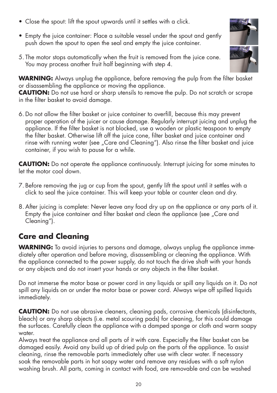 Care and cleaning | Gastroback 41141 Vital Citrus Juicer User Manual | Page 8 / 12