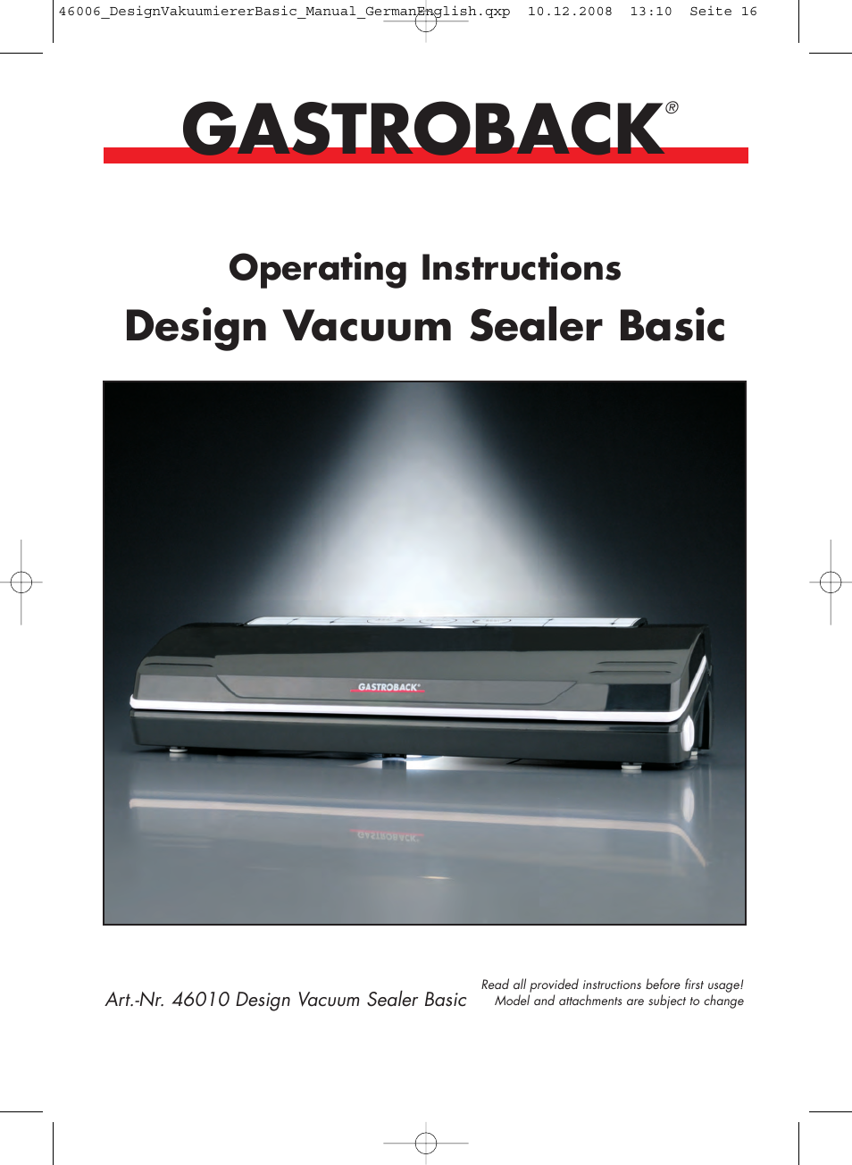 Gastroback 46006 Design Vacuum Sealer Basic User Manual | 15 pages