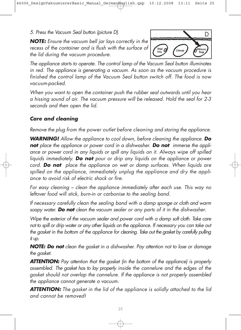 Gastroback 46006 Design Vacuum Sealer Basic User Manual | Page 10 / 15