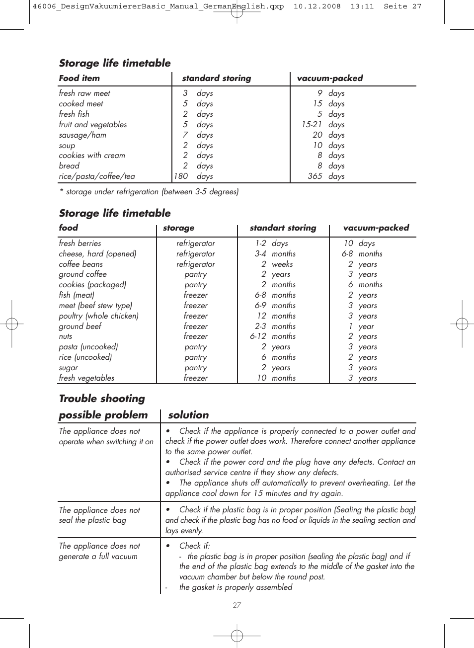 Storage life timetable, Trouble shooting possible problem solution | Gastroback 46006 Design Vacuum Sealer Basic User Manual | Page 12 / 15