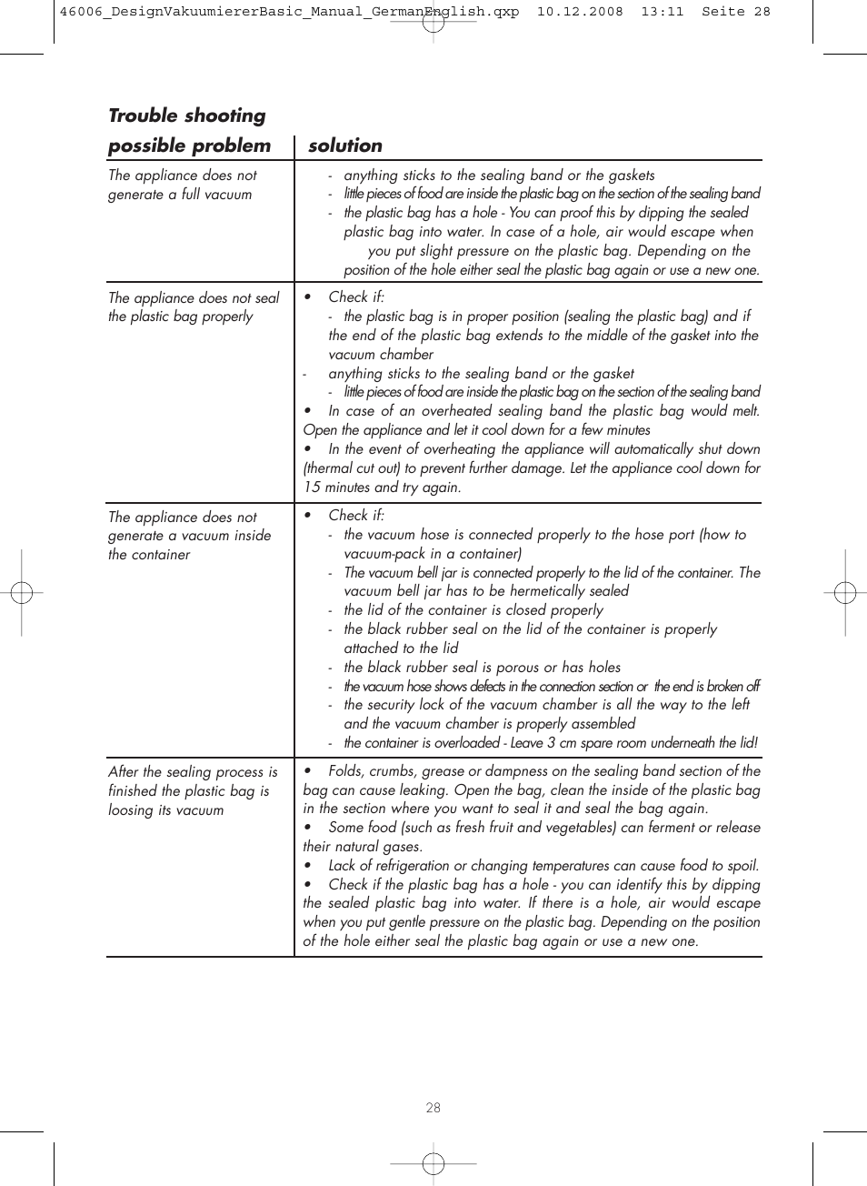 Trouble shooting possible problem solution | Gastroback 46006 Design Vacuum Sealer Basic User Manual | Page 13 / 15