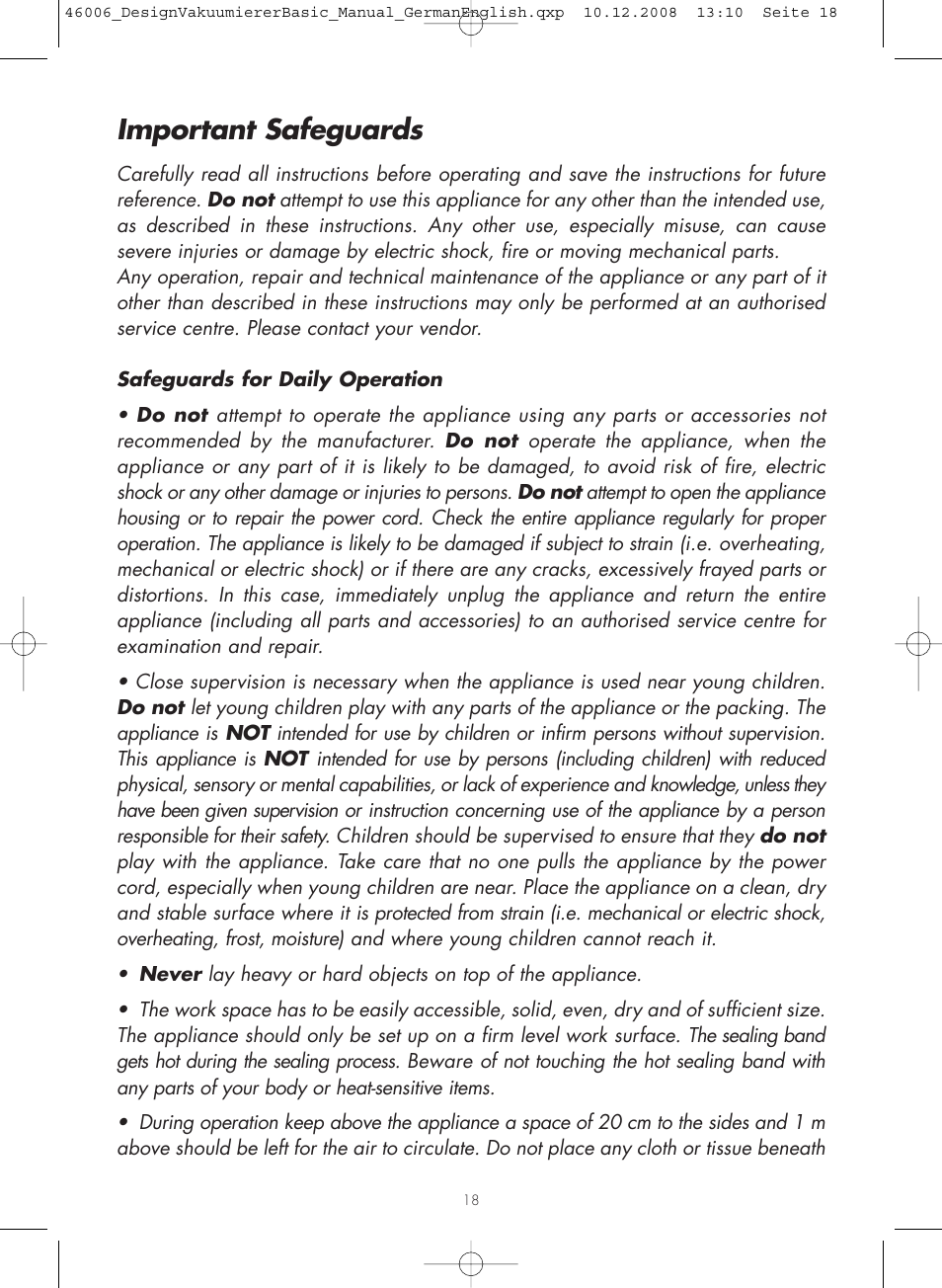 Important safeguards | Gastroback 46006 Design Vacuum Sealer Basic User Manual | Page 3 / 15