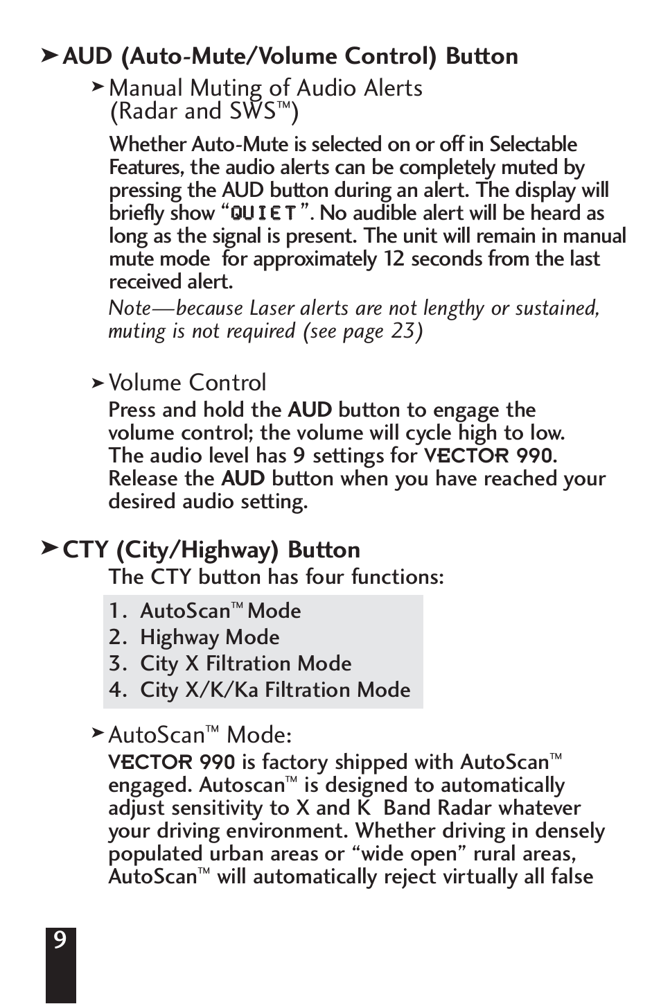 Volume control, Cty (city/highway) button, Autoscan | Mode | Beltronics V990 User Manual | Page 11 / 32