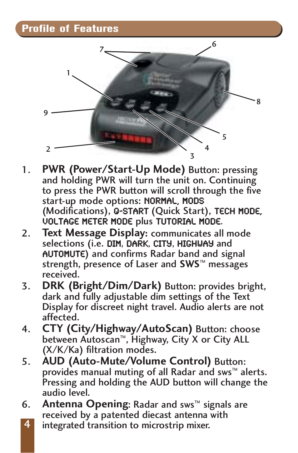 Pwr (power/start-up mode), Text message display, Drk (bright/dim/dark) | Cty (city/highway/autoscan), Aud (auto-mute/volume control), Antenna opening | Beltronics V990 User Manual | Page 6 / 32
