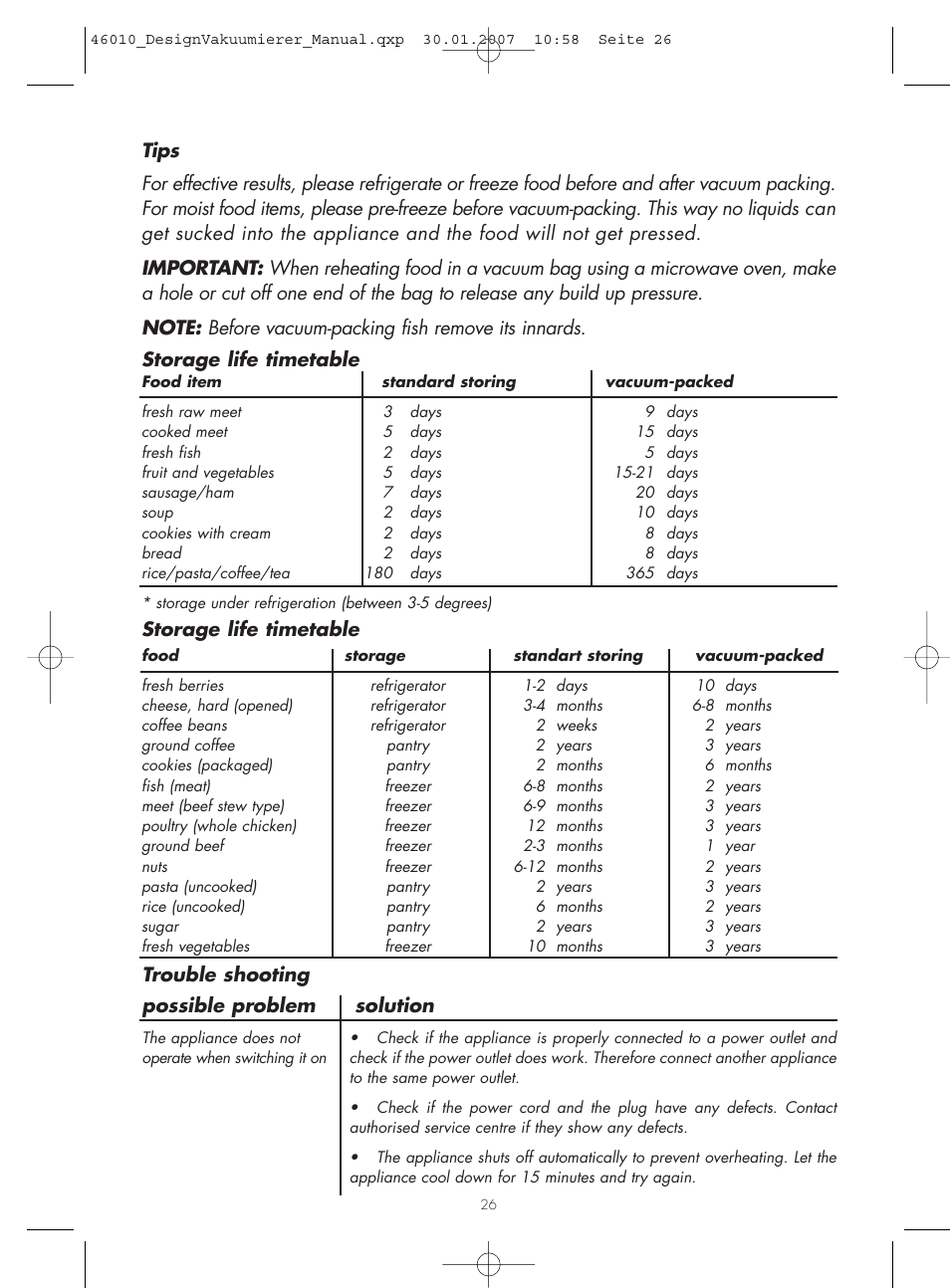 Storage life timetable, Trouble shooting possible problem solution | Gastroback 46010 Design Vacuum Sealer User Manual | Page 11 / 17