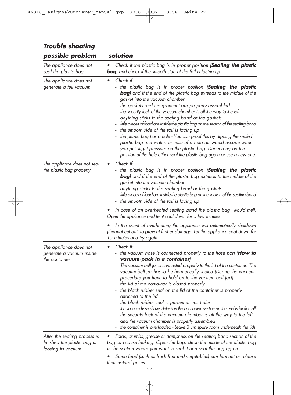 Trouble shooting possible problem solution | Gastroback 46010 Design Vacuum Sealer User Manual | Page 12 / 17