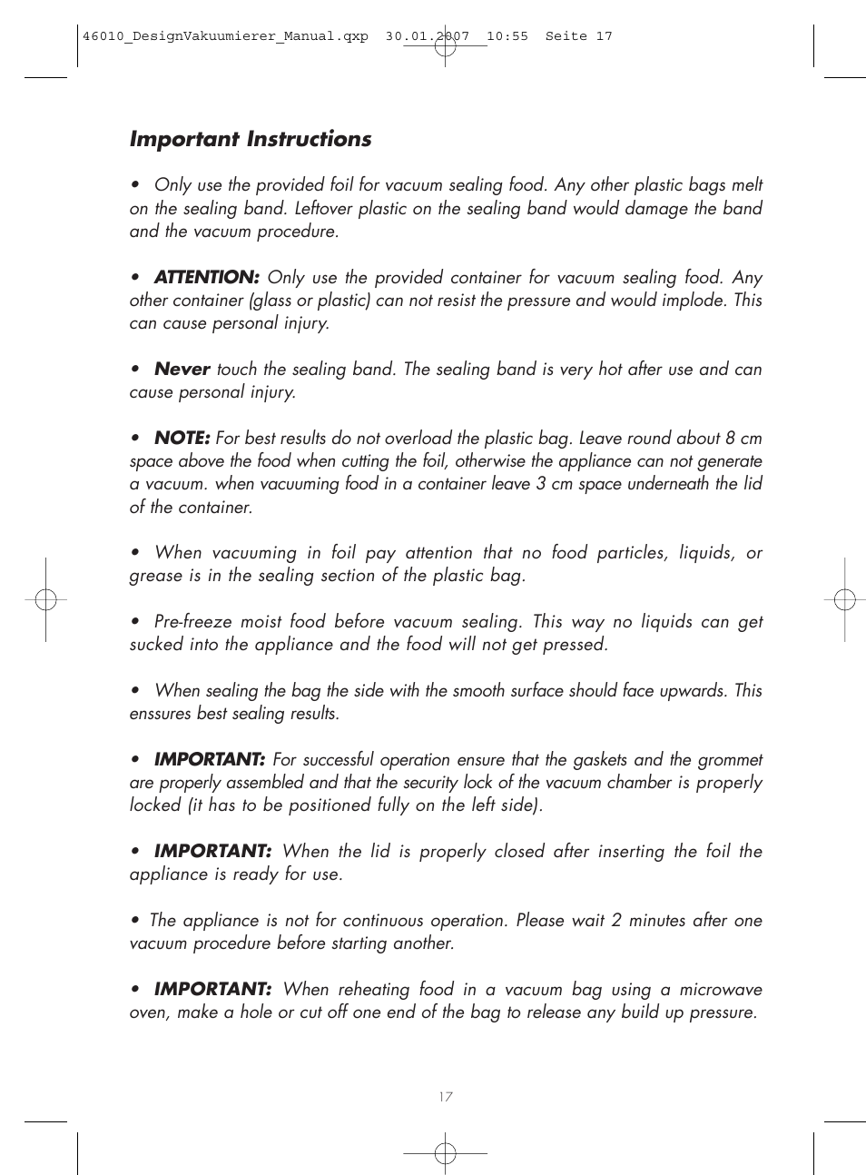 Important instructions | Gastroback 46010 Design Vacuum Sealer User Manual | Page 2 / 17