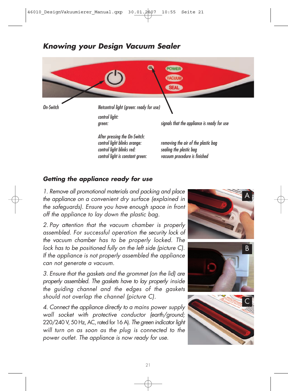 Knowing your design vacuum sealer, Ab c | Gastroback 46010 Design Vacuum Sealer User Manual | Page 6 / 17