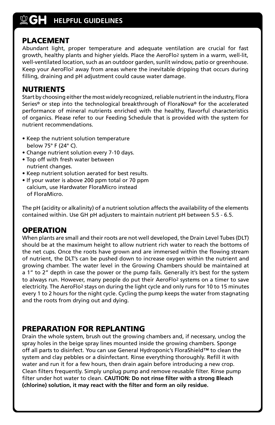 Placement, Nutrients, Preparation for replanting | Operation, Assembly helpful guidelines | General Hydroponics AF20 User Manual | Page 6 / 8