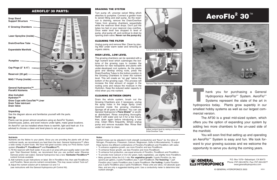 General Hydroponics AF30 User Manual | 2 pages