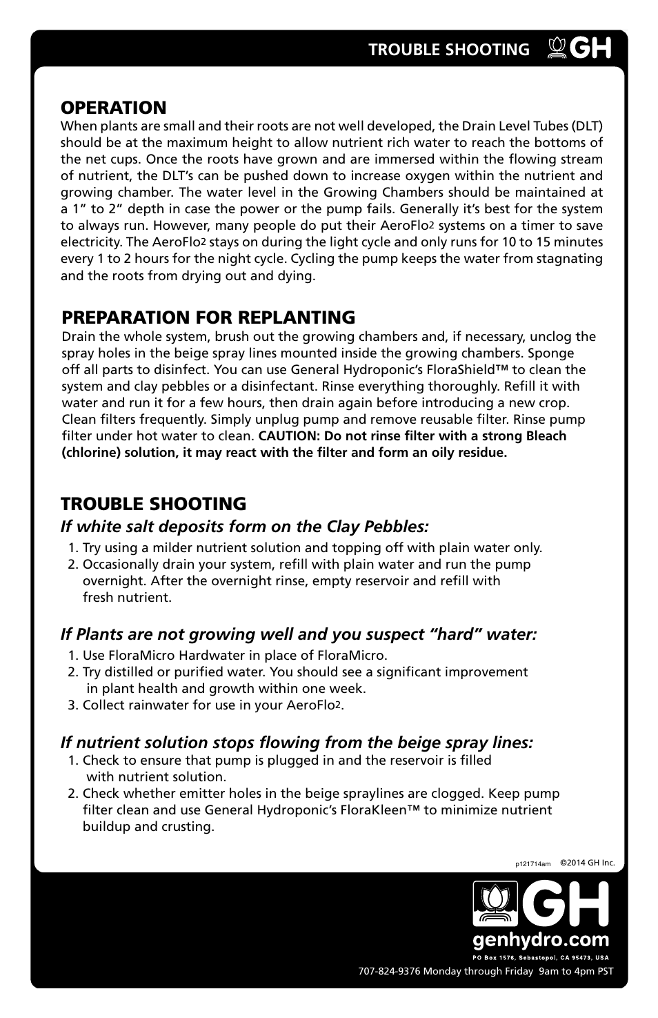 Preparation for replanting, Operation, Trouble shooting | If white salt deposits form on the clay pebbles | General Hydroponics AF30 User Manual | Page 8 / 8