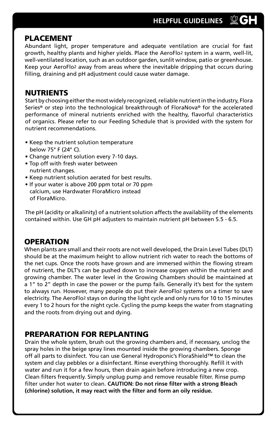 Placement, Nutrients, Operation | Preparation for replanting, Helpful guidelines | General Hydroponics AF36 User Manual | Page 5 / 6