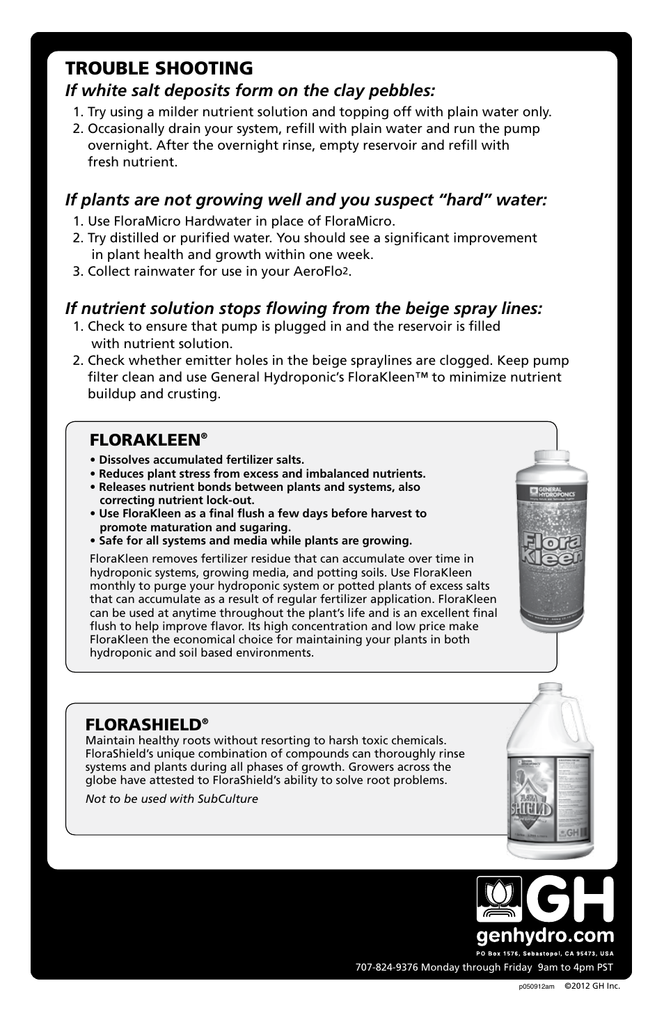 Trouble shooting, If white salt deposits form on the clay pebbles, Florashield | Florakleen | General Hydroponics AF36 User Manual | Page 6 / 6