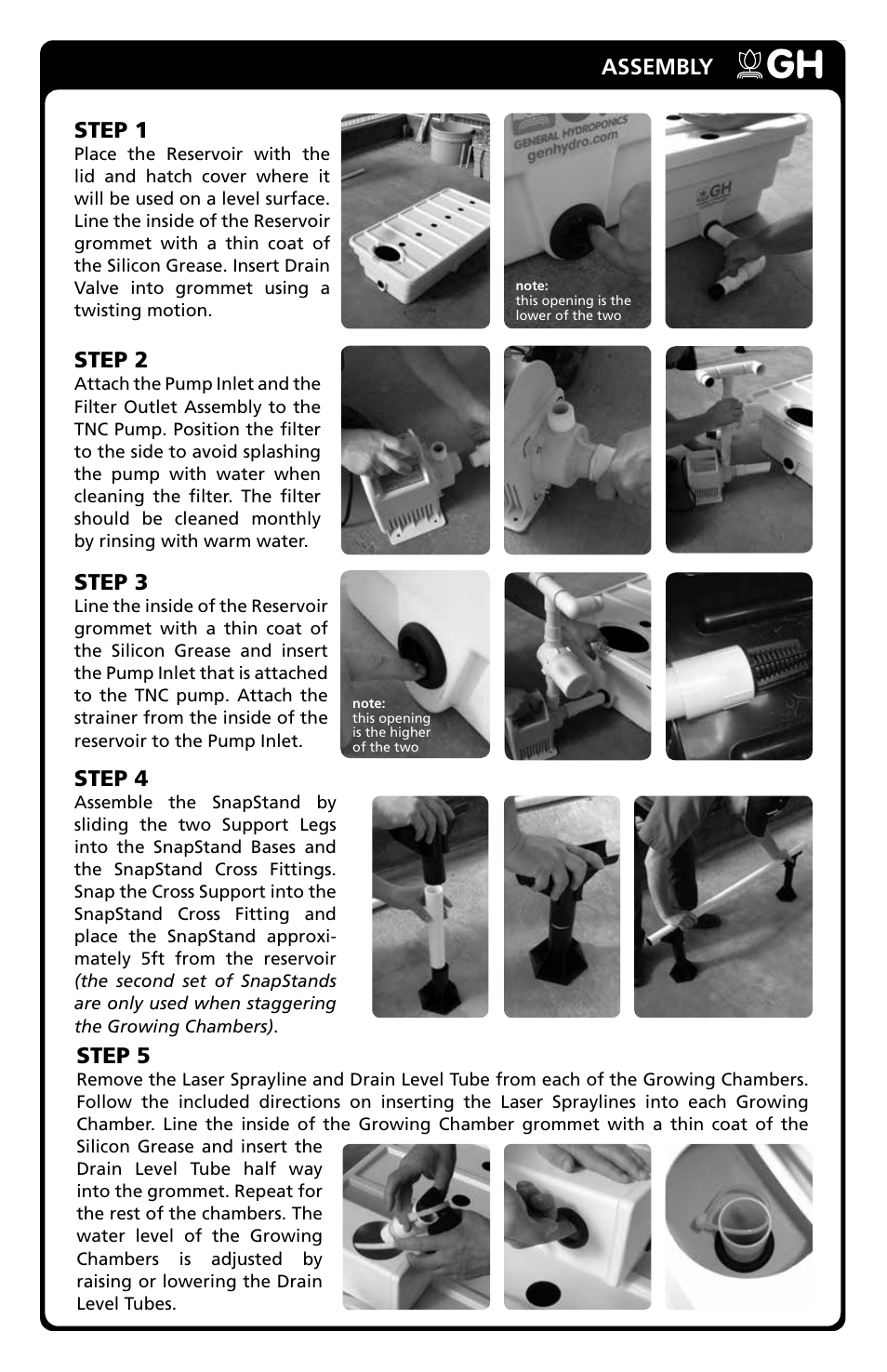 Assembly step 1, Step 2, Step 3 | Step 5, Step 4 | General Hydroponics AF60 User Manual | Page 3 / 6