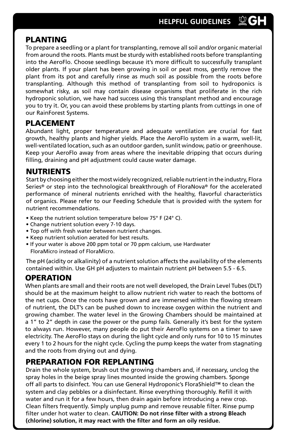 Planting, Placement, Nutrients | Operation, Preparation for replanting, Helpful guidelines | General Hydroponics AF60 User Manual | Page 5 / 6