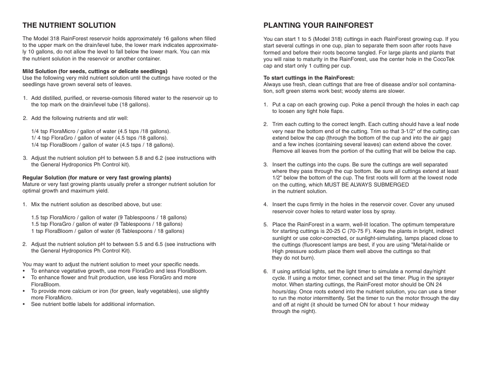 The nutrient solution, Planting your rainforest | General Hydroponics RainForest 236 User Manual | Page 4 / 4