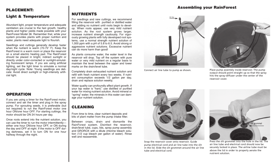 Placement: light & temperature, Operation, Assembling your rainforest | Nutrients, Cleaning | General Hydroponics RainForest 36 User Manual | Page 3 / 4