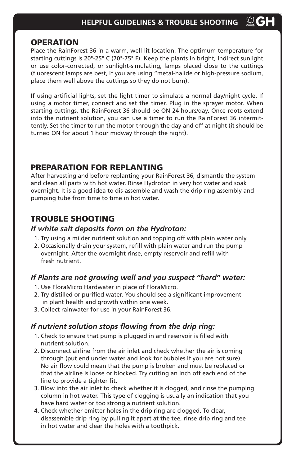 Operation, Preparation for replanting, Trouble shooting | General Hydroponics New RainForest 36 User Manual | Page 7 / 8