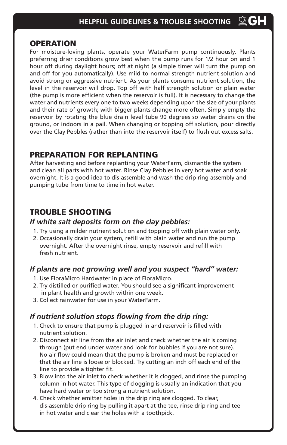 Operation, Preparation for replanting, Trouble shooting | General Hydroponics WaterFarm User Manual | Page 7 / 8