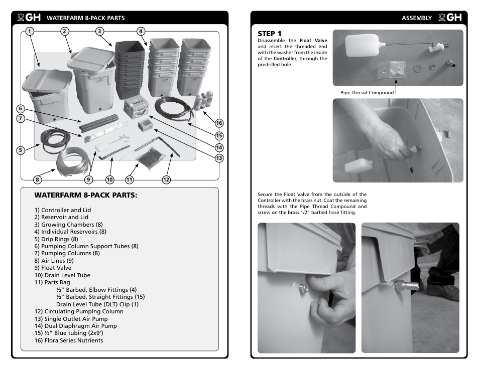 Step 1, Waterfarm 8-pack parts | General Hydroponics WaterFarm 8-pack User Manual | Page 2 / 6