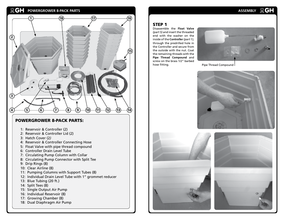 Step 1, Powergrower 8-pack parts | General Hydroponics PowerGrower 8-Pack User Manual | Page 2 / 7