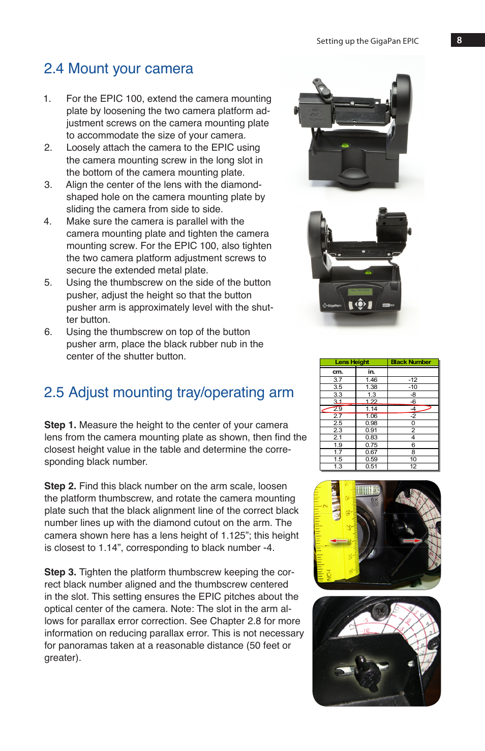 4 mount your camera, 5 adjust mounting tray/operating arm | GigaPan EPIC 100 User Manual | Page 11 / 32