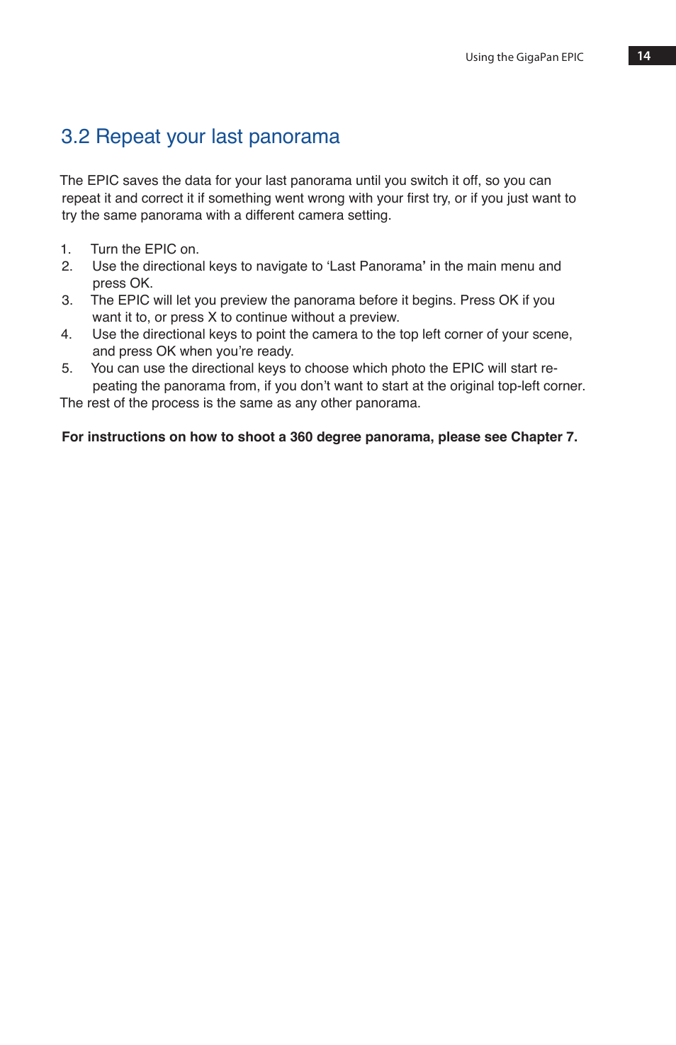 2 repeat your last panorama | GigaPan EPIC 100 User Manual | Page 17 / 32