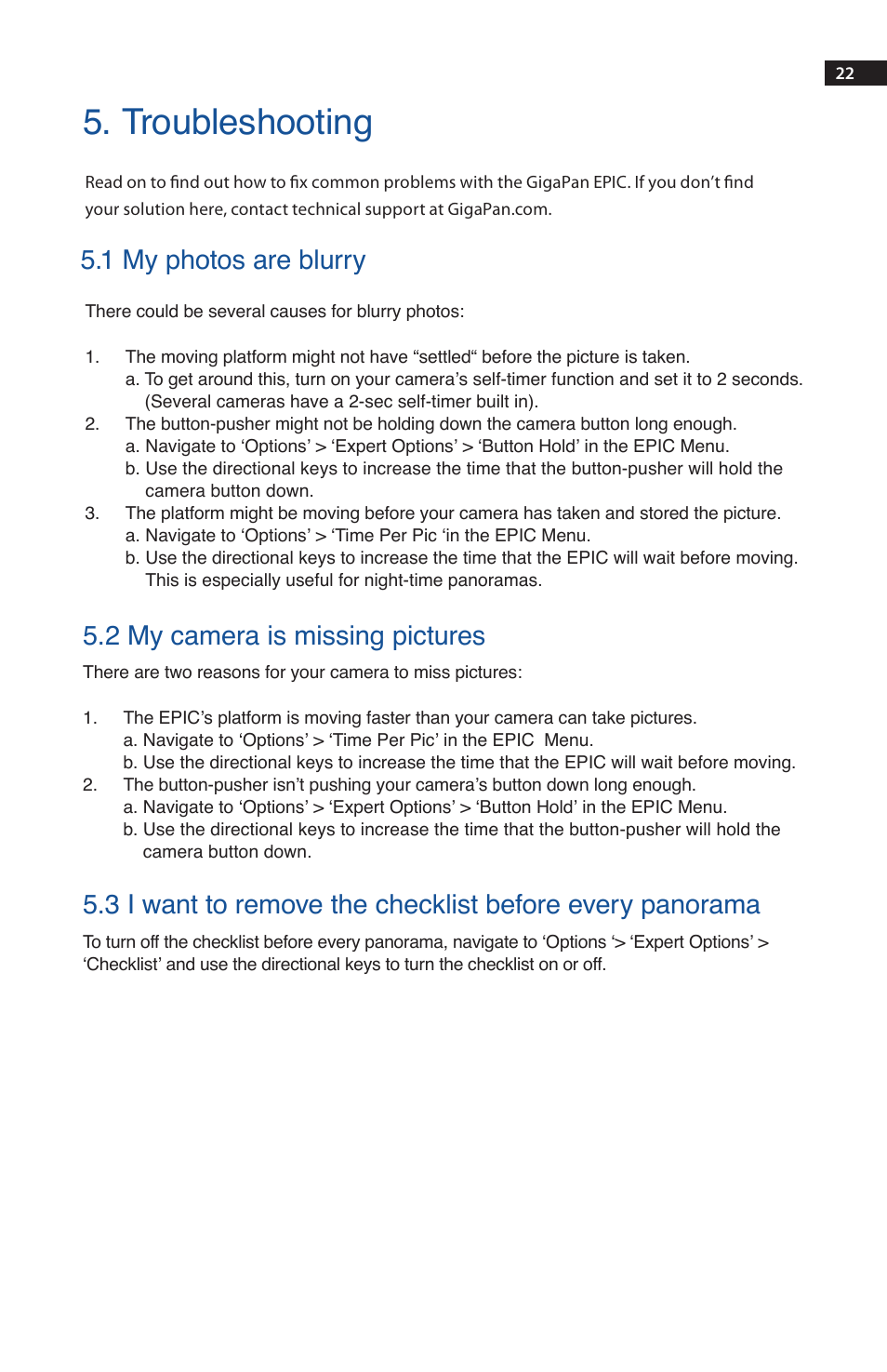 Troubleshooting, 1 my photos are blurry, 2 my camera is missing pictures | GigaPan EPIC 100 User Manual | Page 25 / 32