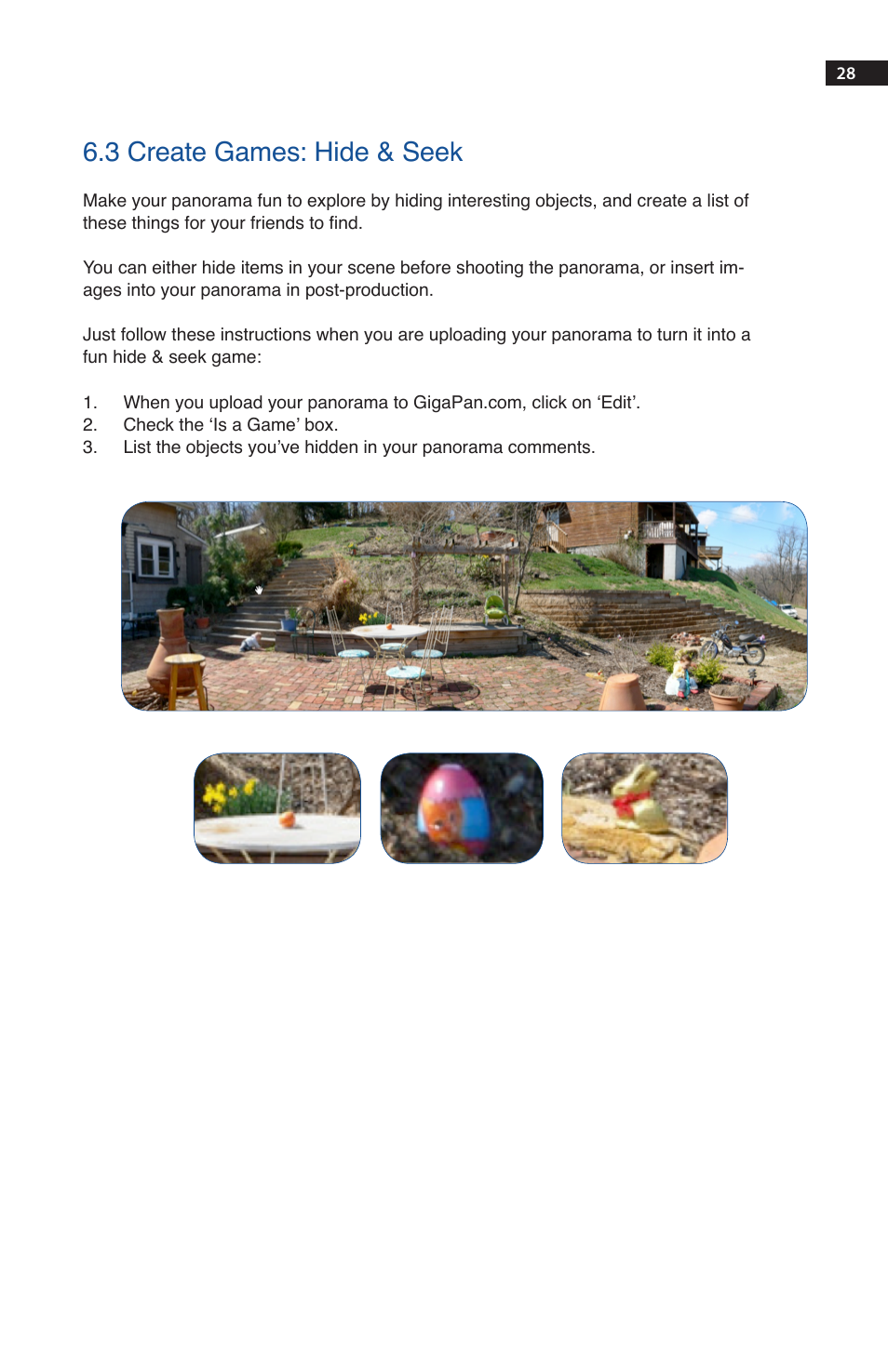 3 create games: hide & seek | GigaPan EPIC 100 User Manual | Page 31 / 32