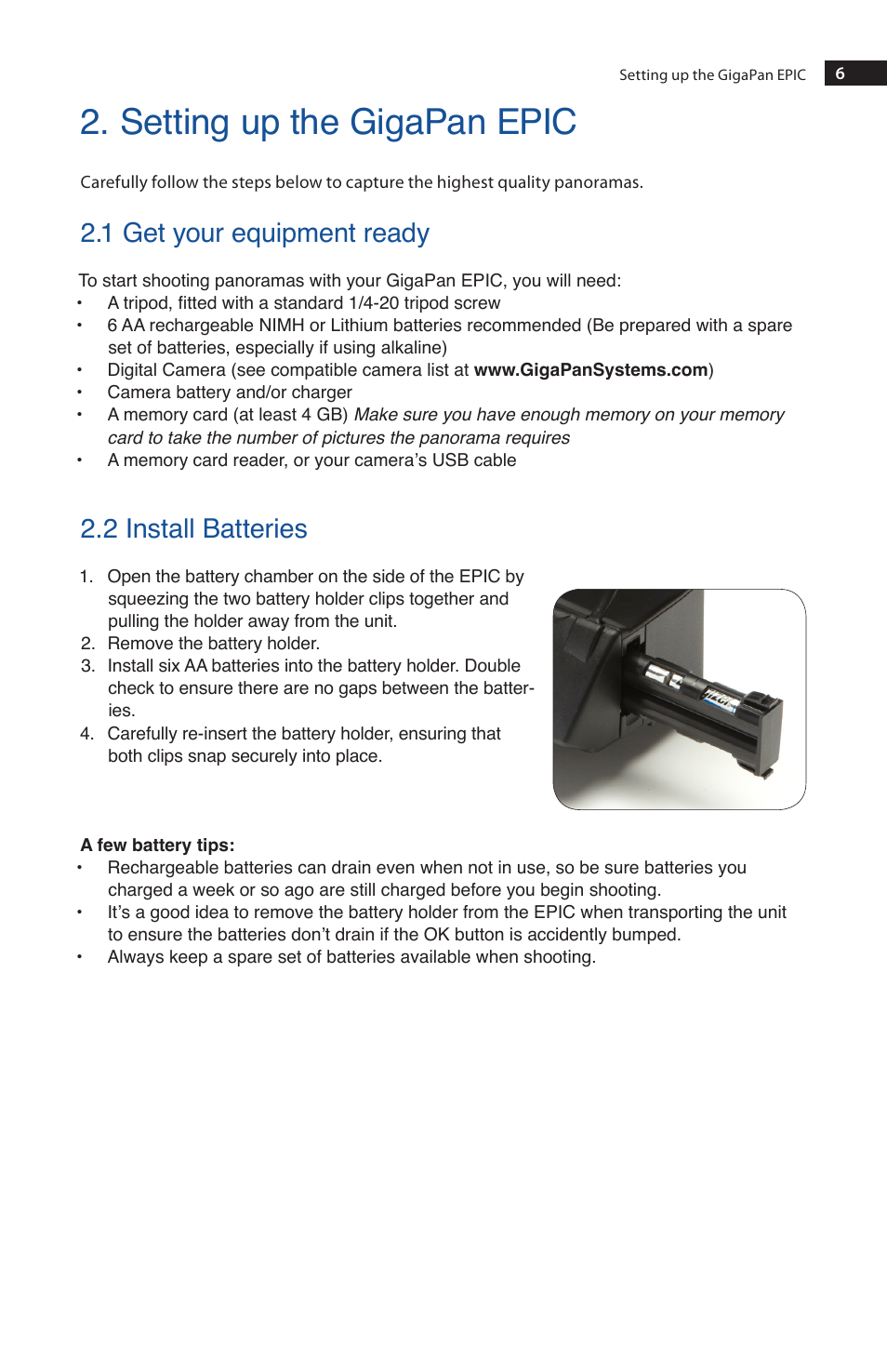 Setting up the gigapan epic, 1 get your equipment ready, 2 install batteries | GigaPan EPIC 100 User Manual | Page 9 / 32