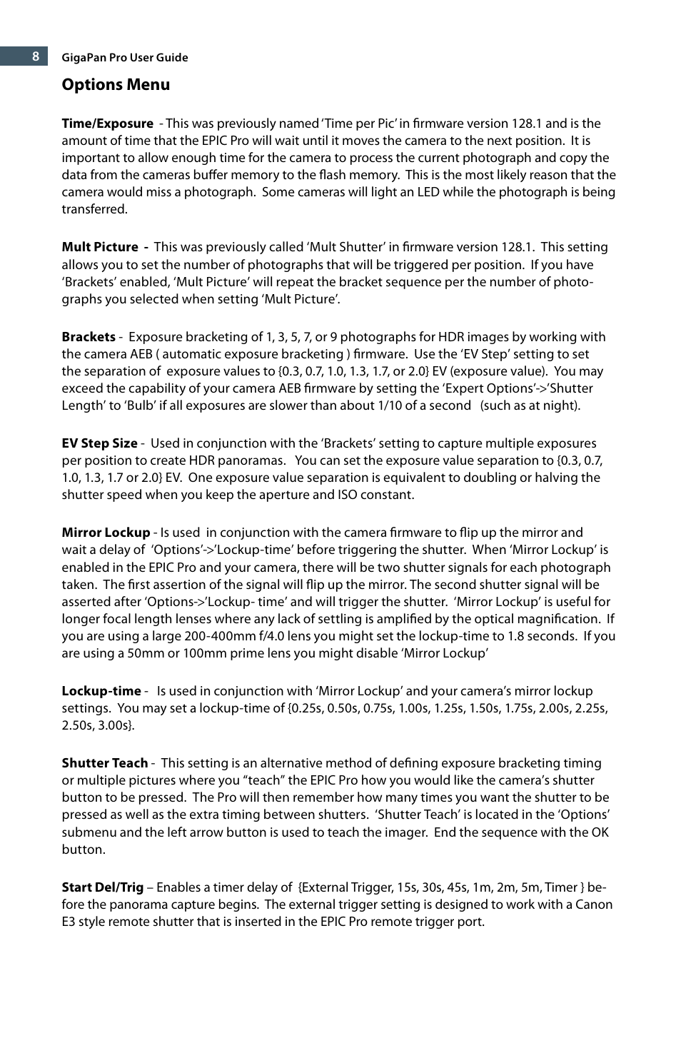 Options menu | GigaPan EPIC Pro User Manual | Page 11 / 56