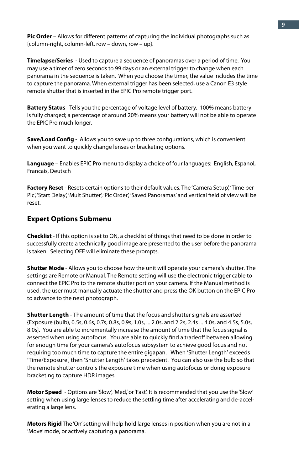 Expert options submenu | GigaPan EPIC Pro User Manual | Page 12 / 56