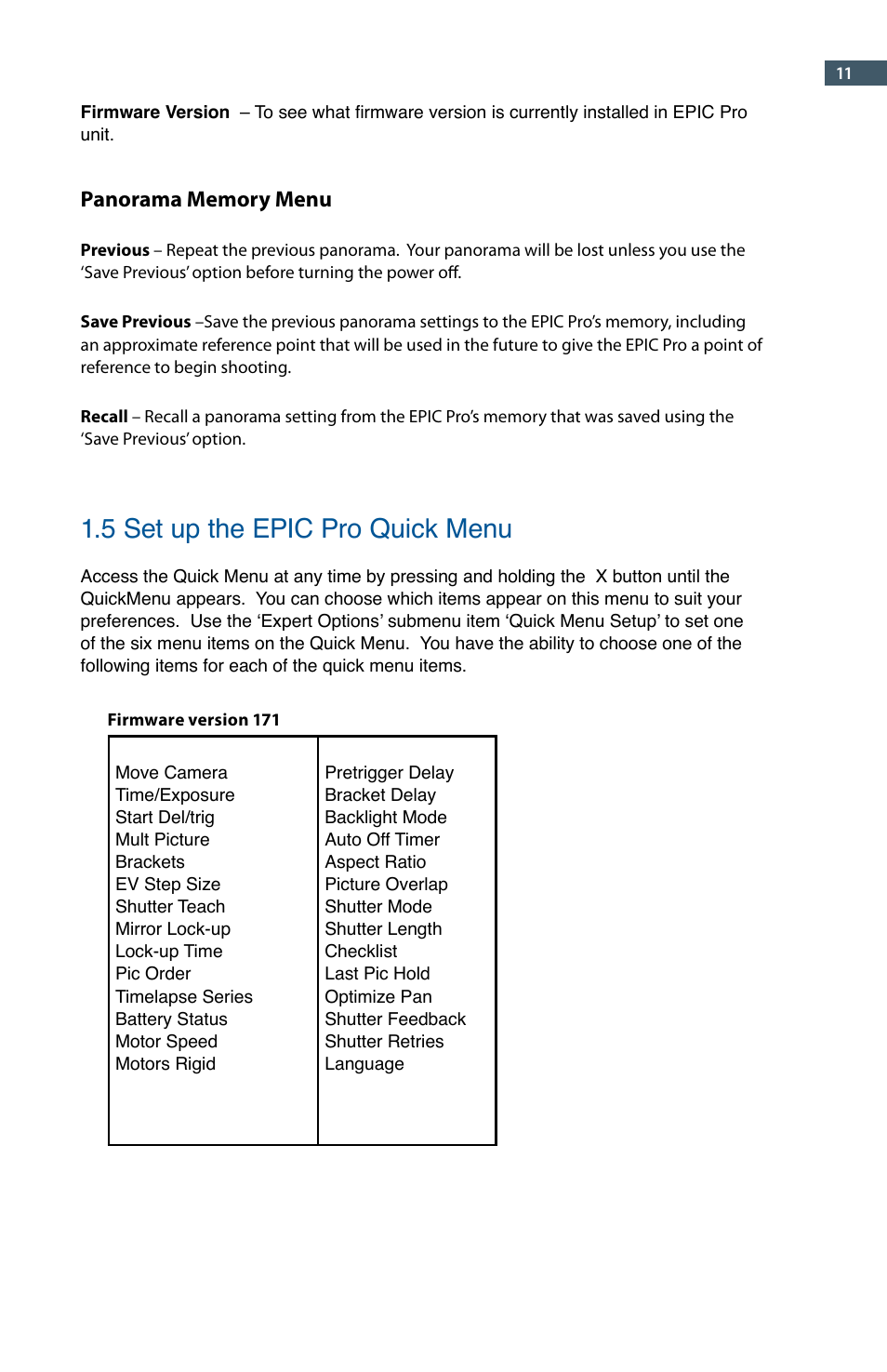 5 set up the epic pro quick menu | GigaPan EPIC Pro User Manual | Page 14 / 56