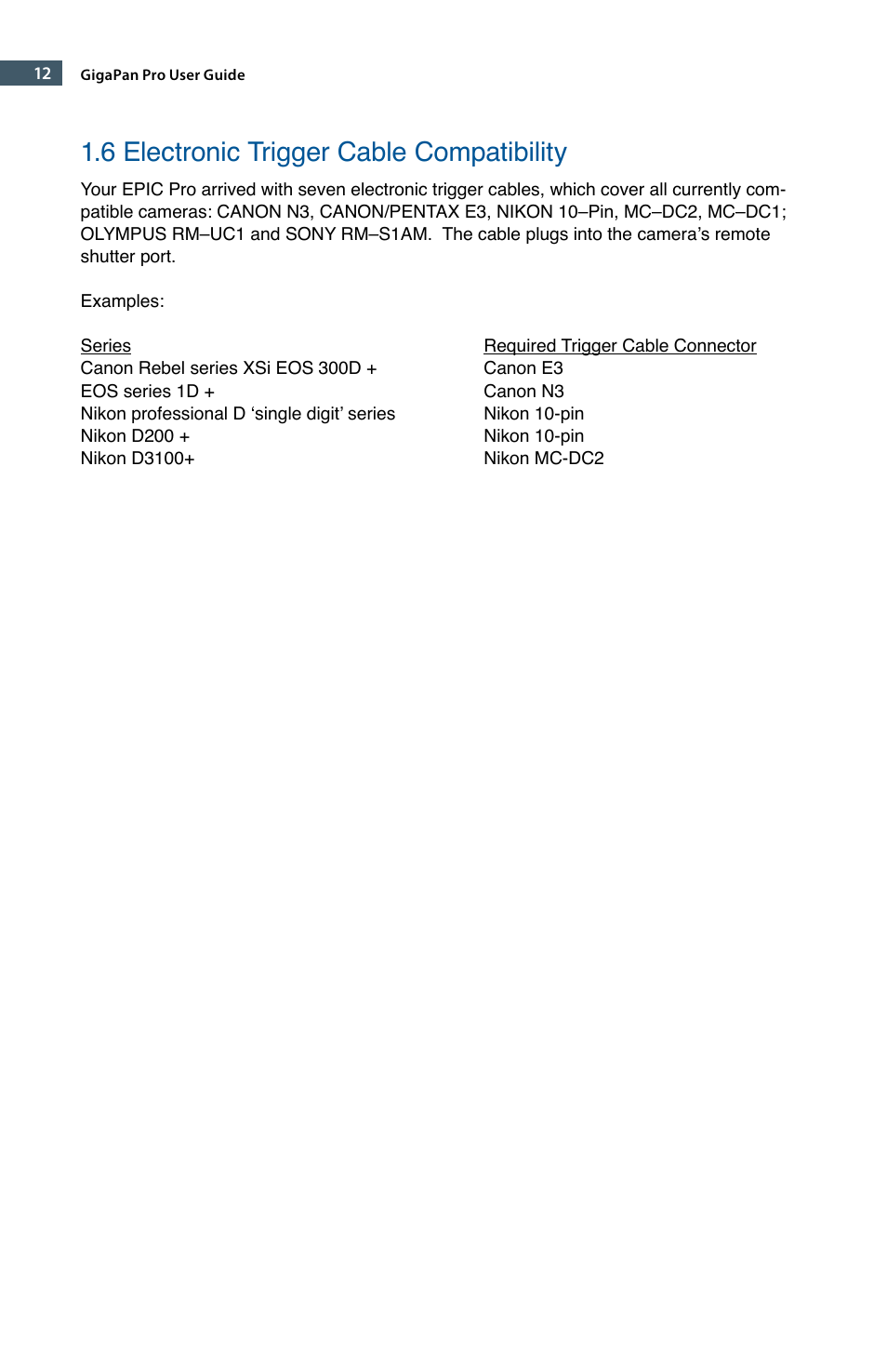 6 electronic trigger cable compatibility | GigaPan EPIC Pro User Manual | Page 15 / 56