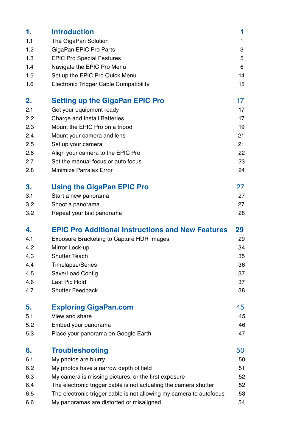 Introduction 1, Setting up the gigapan epic pro 17, Using the gigapan epic pro 27 | 6 . troubleshooting 50 | GigaPan EPIC Pro User Manual | Page 2 / 56
