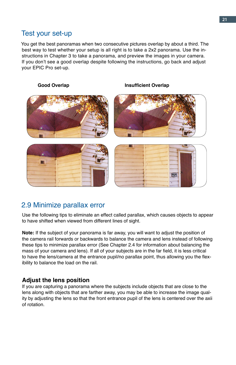 Test your set-up, 9 minimize parallax error, Adjust the lens position | GigaPan EPIC Pro User Manual | Page 24 / 56