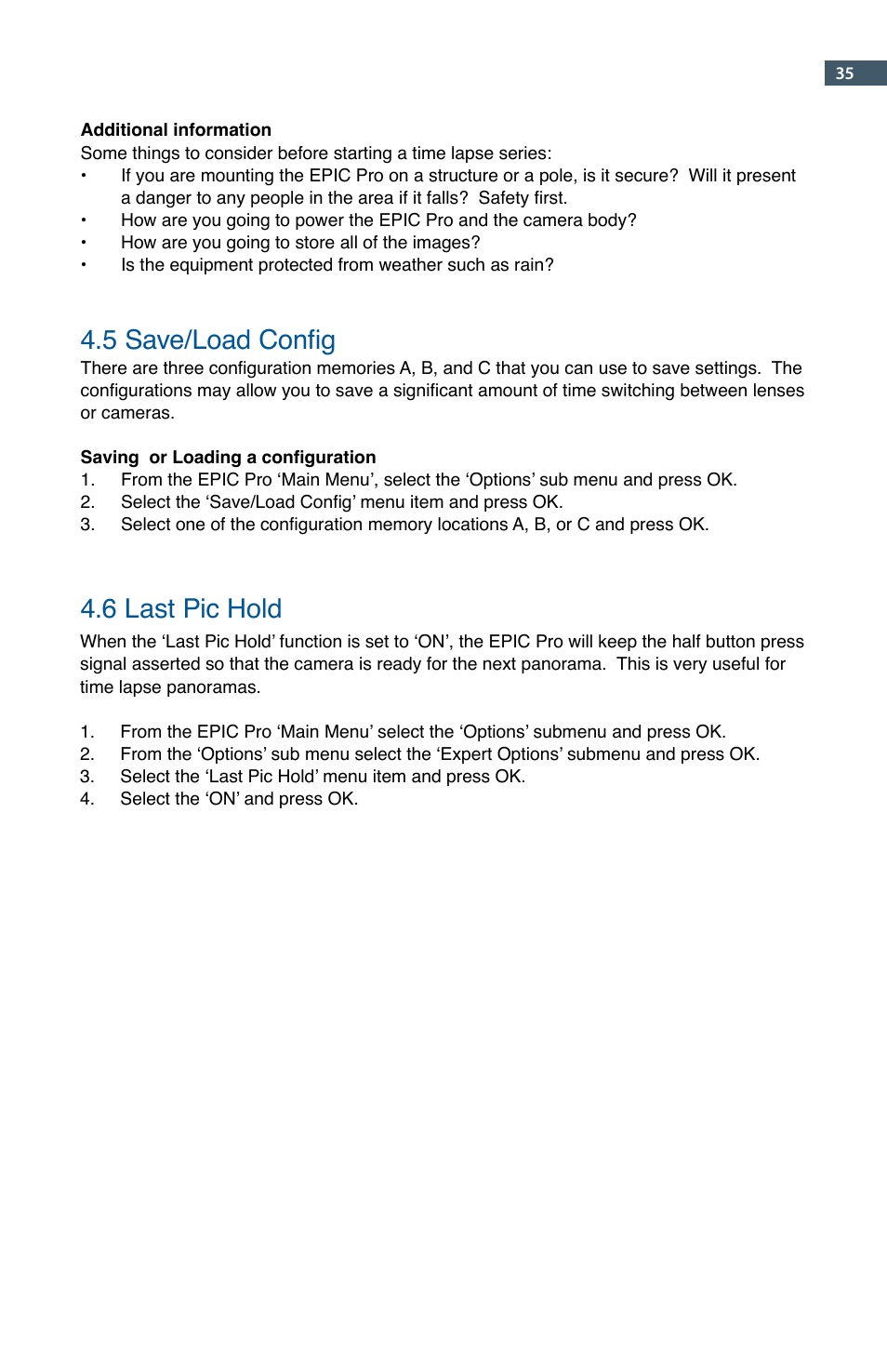 5 save/load config, 6 last pic hold | GigaPan EPIC Pro User Manual | Page 38 / 56