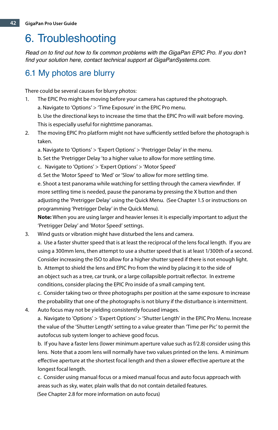 Troubleshooting, 1 my photos are blurry | GigaPan EPIC Pro User Manual | Page 45 / 56