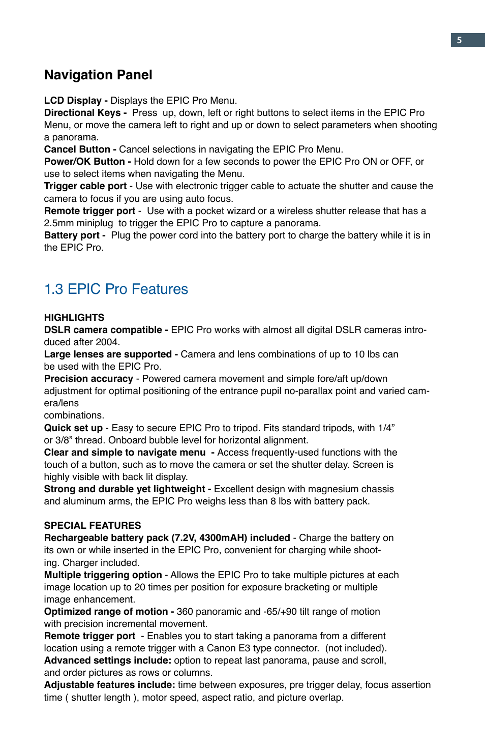 3 epic pro features, Navigation panel | GigaPan EPIC Pro User Manual | Page 8 / 56