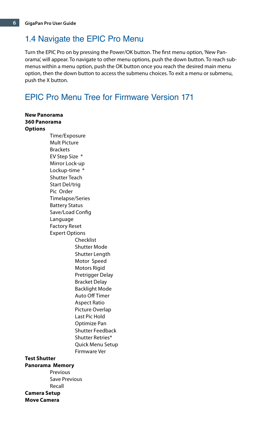 4 navigate the epic pro menu, Epic pro menu tree for firmware version 171 | GigaPan EPIC Pro User Manual | Page 9 / 56