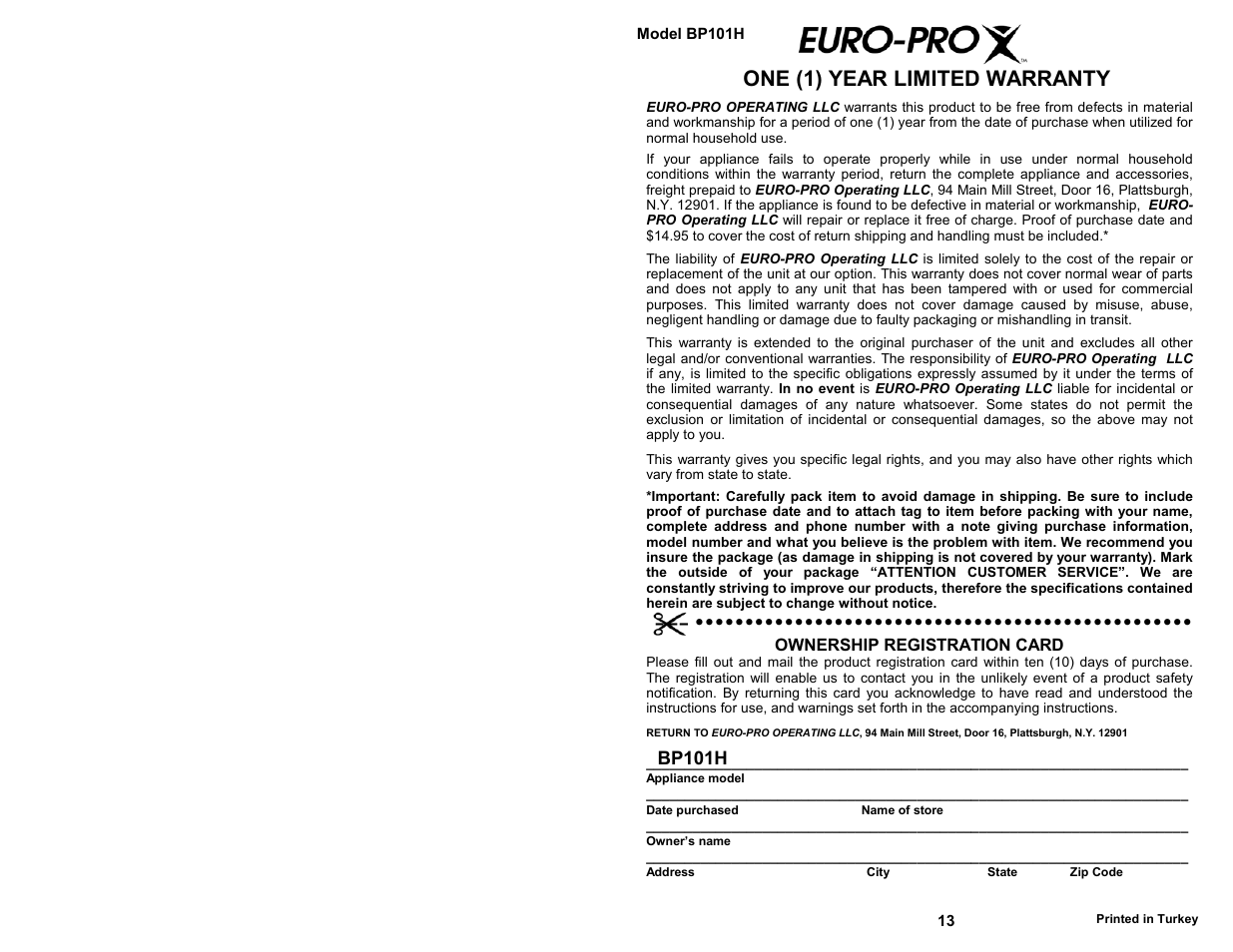 One (1) year limited warranty, Bp101h | Bravetti FOOD PROCESSING CENTER BP101H User Manual | Page 2 / 8