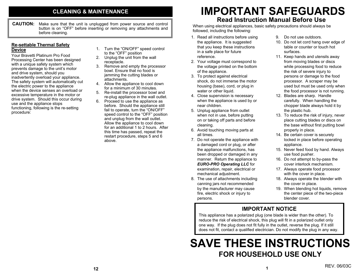 Save these instructions, Important safeguards, For household use only | Read instruction manual before use | Bravetti FOOD PROCESSING CENTER BP101H User Manual | Page 3 / 8