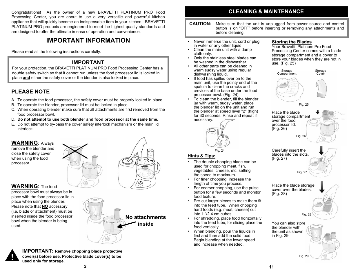 Important information, Important, Warning | No attachments inside, Cleaning & maintenance | Bravetti FOOD PROCESSING CENTER BP101H User Manual | Page 4 / 8