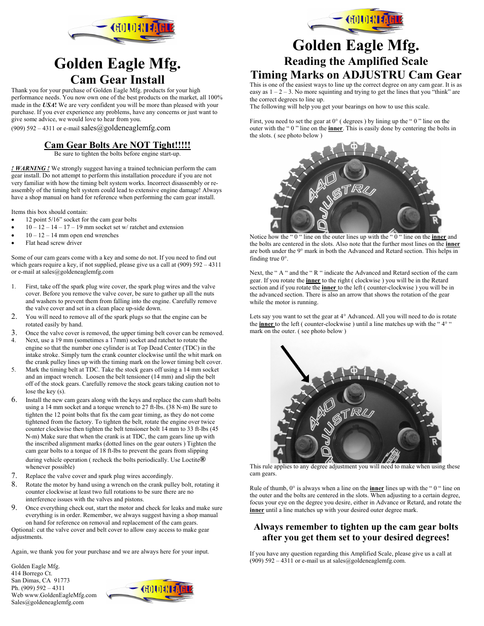 Golden Eagle Cam Gear User Manual | 1 page