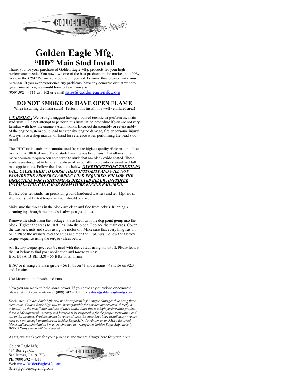 Golden Eagle HD Main Stud User Manual | 1 page