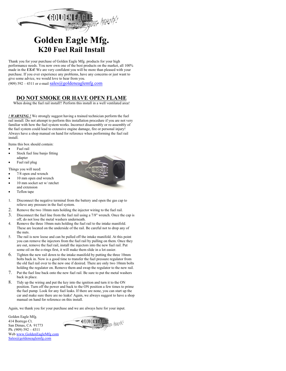 Golden Eagle K20 Fuel Rail User Manual | 1 page