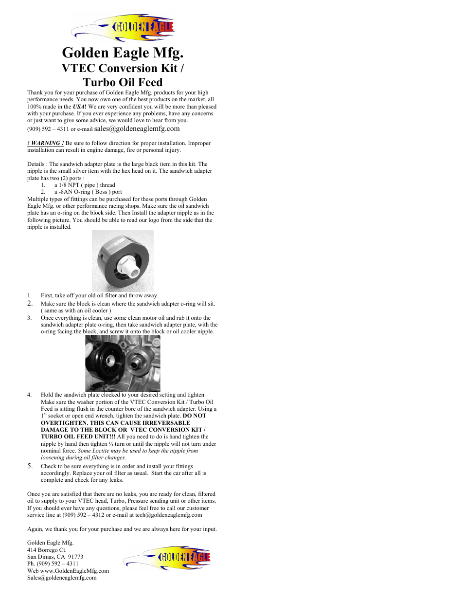Golden Eagle VTEC Conversion Kit/Turbo Oil Feed User Manual | 1 page