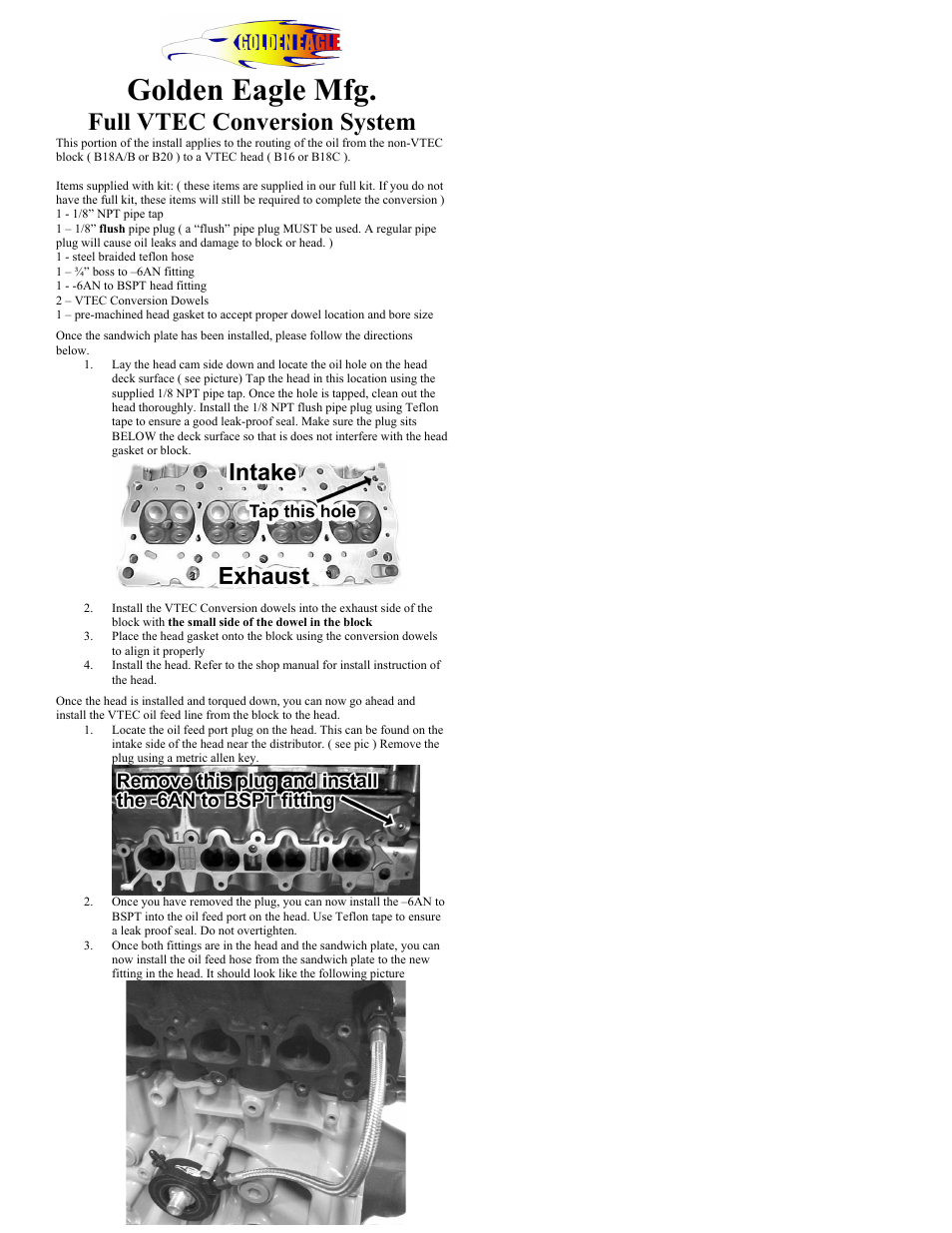 Golden Eagle Full VTEC Conversion System User Manual | 1 page