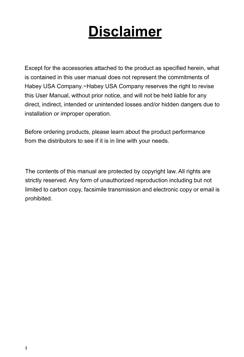 Disclaimer | Habey EMB-4500 User Manual | Page 2 / 32