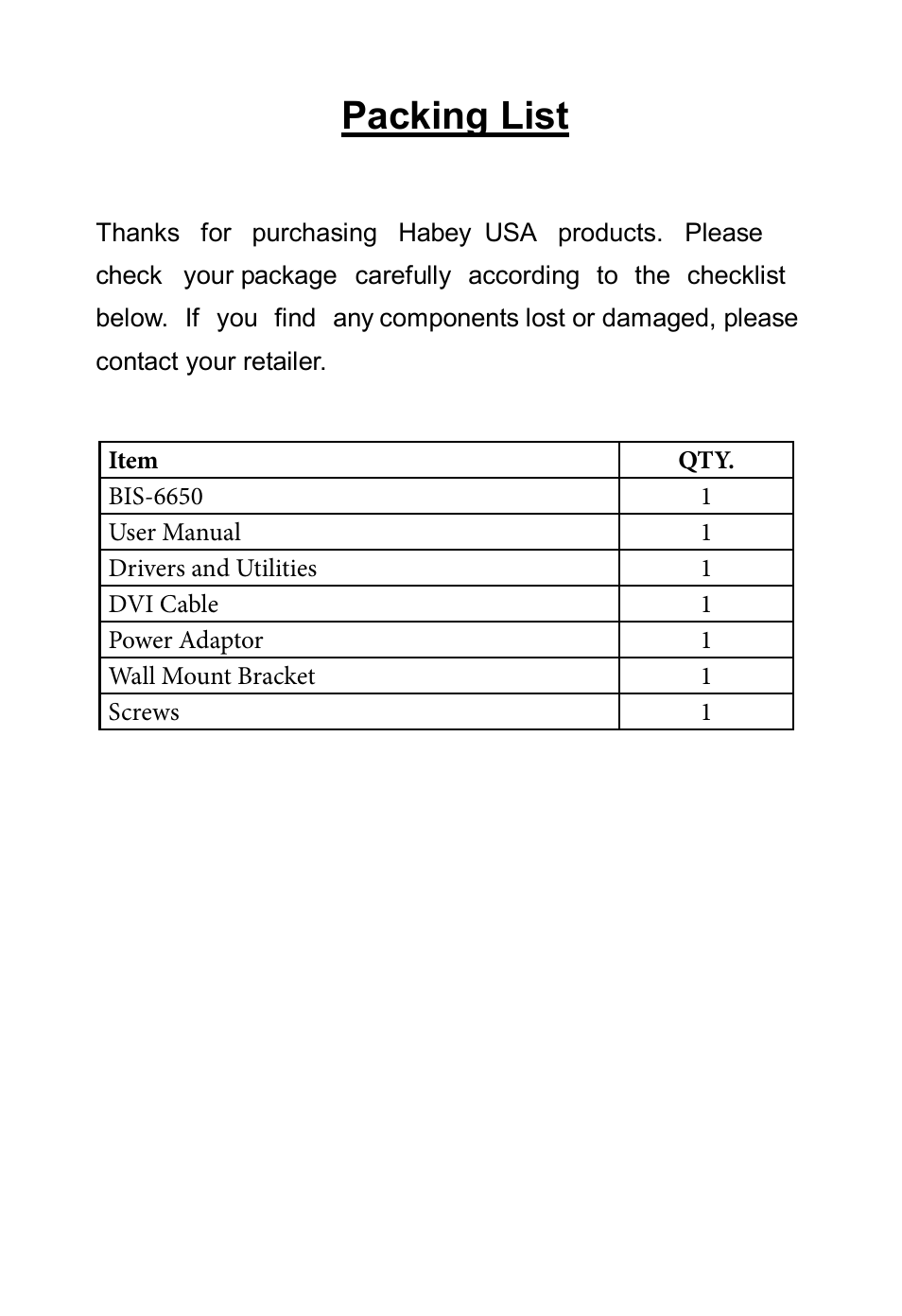 Packing list | Habey BIS-6650 User Manual | Page 6 / 56